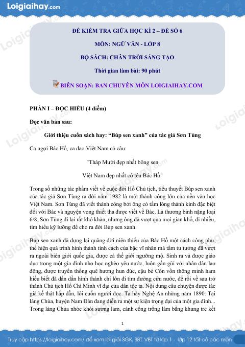 Đề thi giữa kì 2 Văn 8 Chân trời sáng tạo - Đề số 6